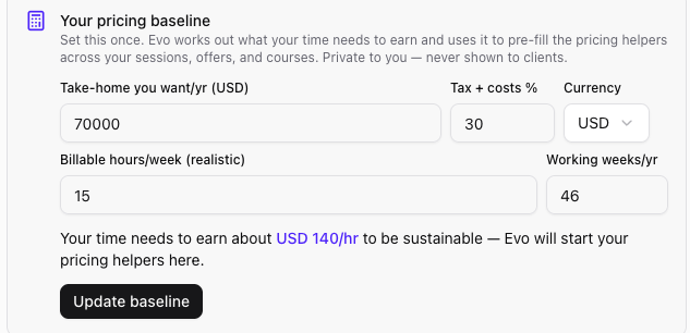 Evo's pricing-baseline helper for a sustainable rate